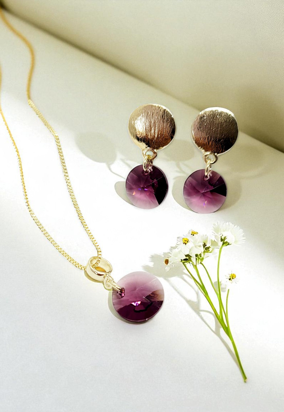 Conjunto Amelia Gold 24K Cristal Genuino Amethyst