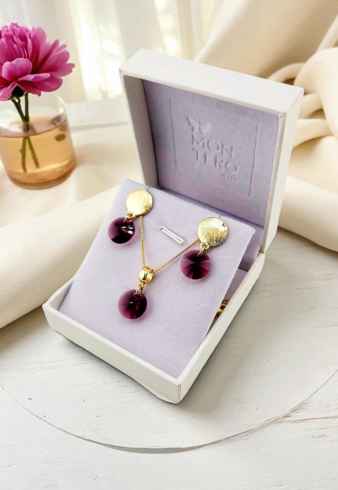 Conjunto Amelia Gold 24K Cristal Genuino Amethyst