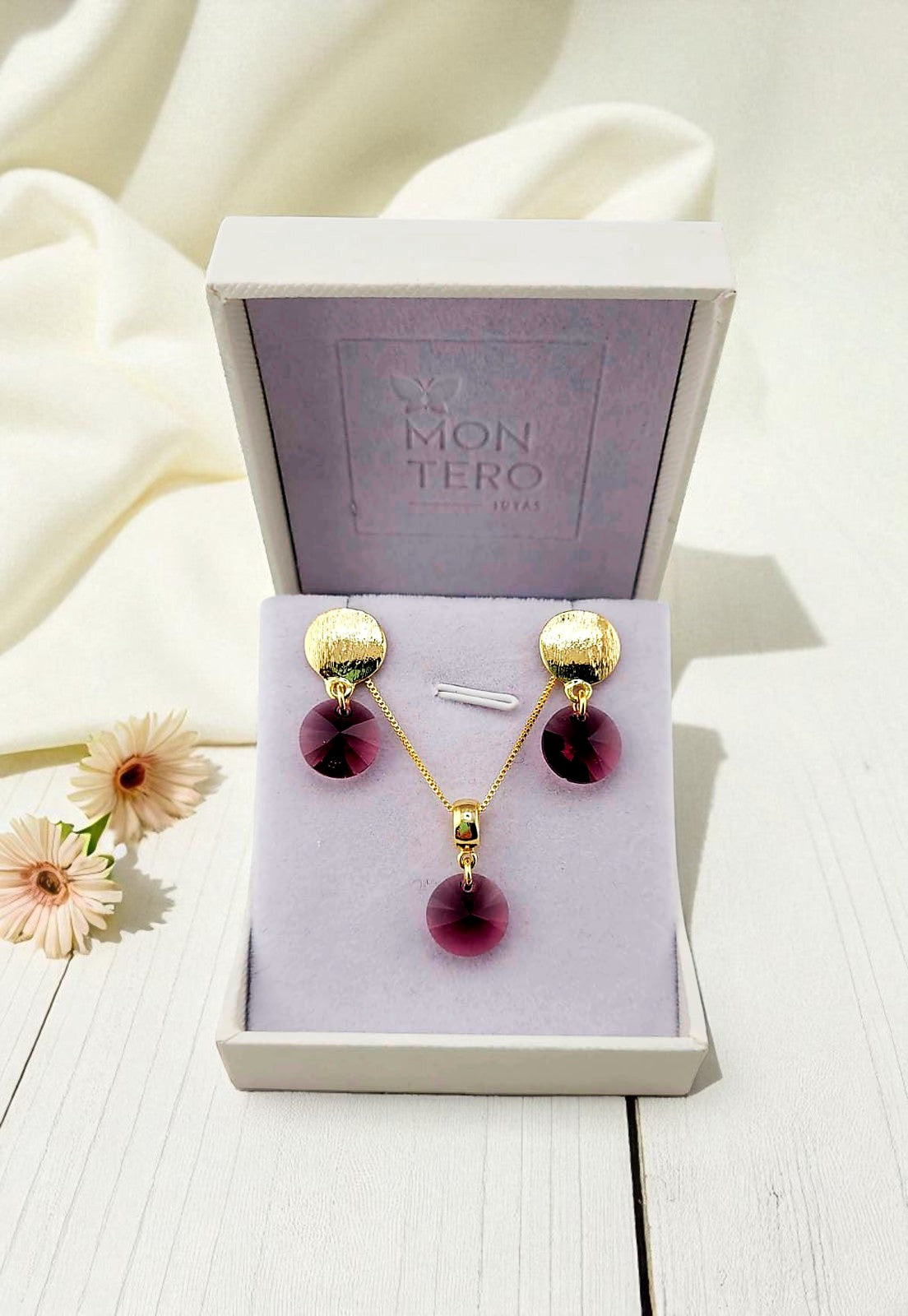 Conjunto Amelia Gold 24K Cristal Genuino Amethyst