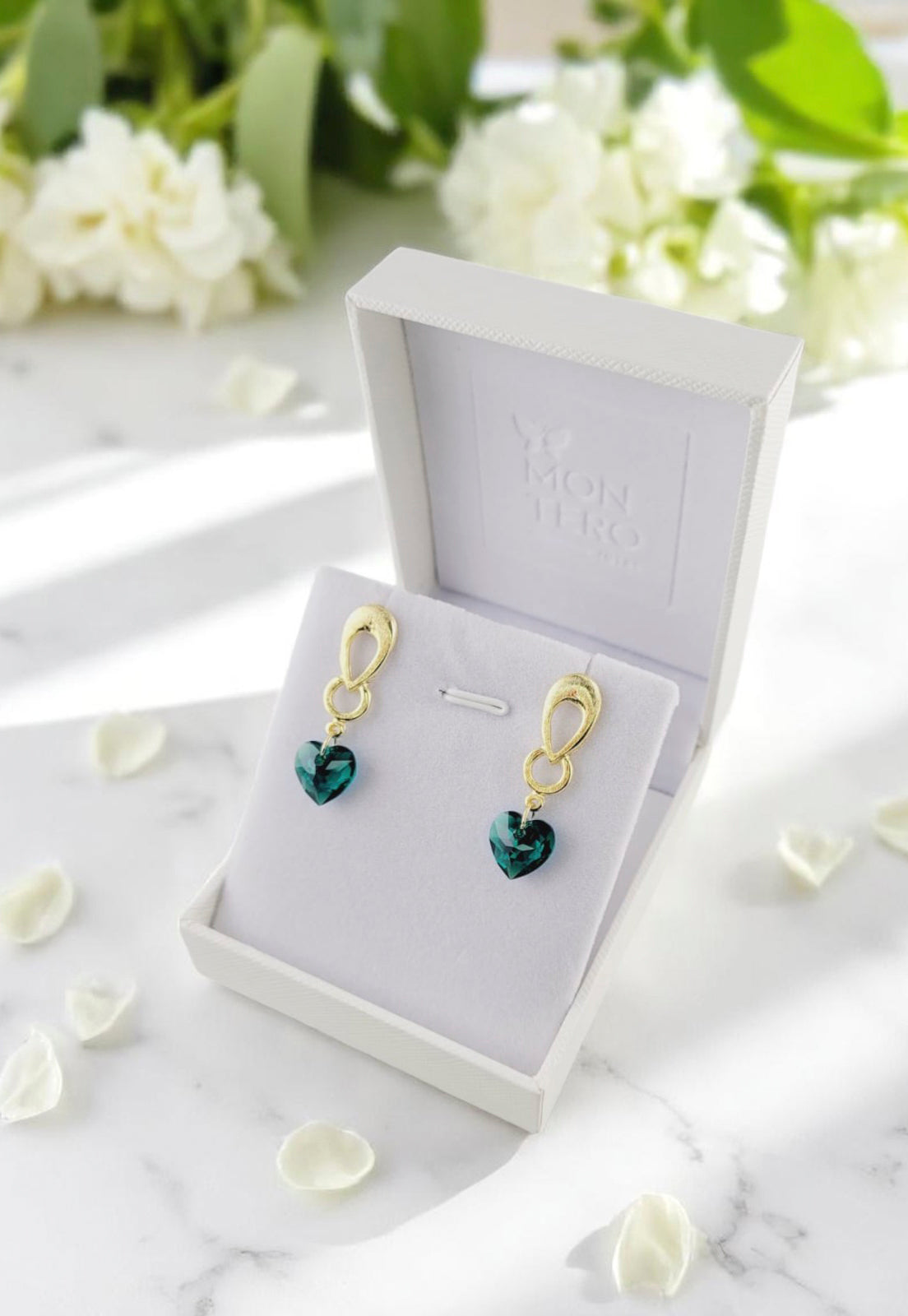 Aros Amor Gold 24K Cristal Genuino Emerald Shimmer