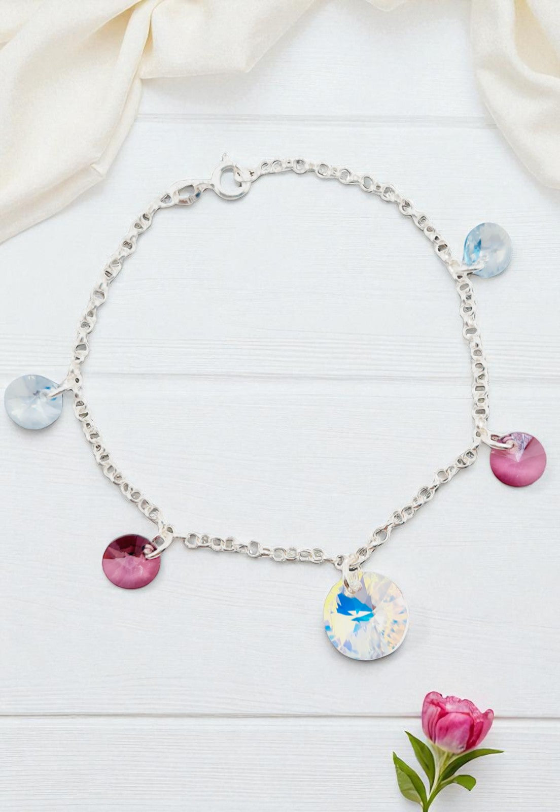 Pulsera Nepal Plata 925 Cristal Genuino Antique Pink