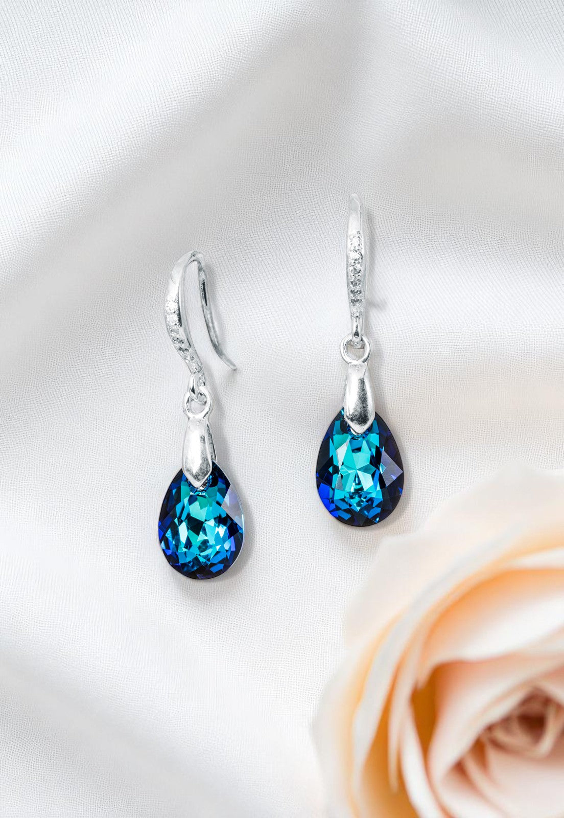 Aros Gota de Luz Plata 925 Cristal Genuino Bermuda Blue