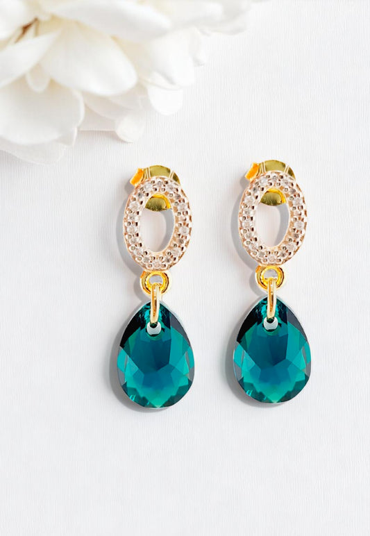 Aros Gota de Luz Gold 24k Cristal Genuino Emerald