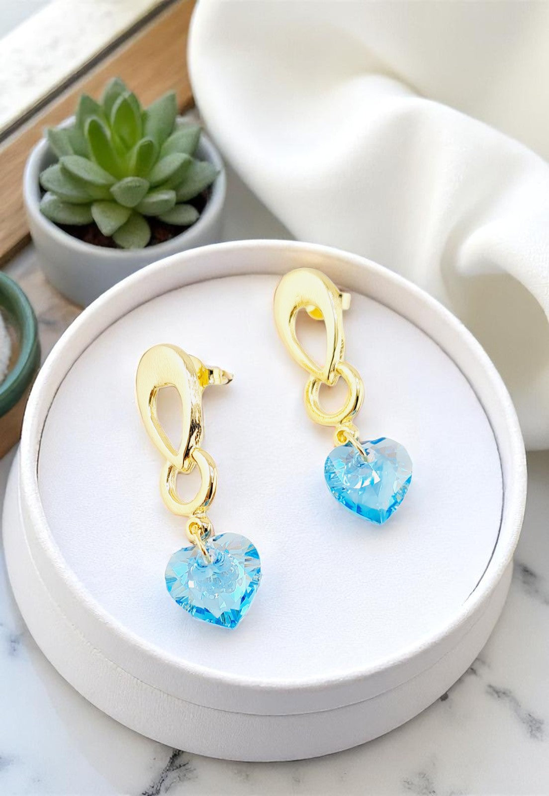 Aros Amor Gold 24K Cristal Genuino Aquamarine Shimmer