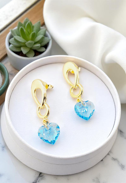 Aros Amor Gold 24K Cristal Genuino Aquamarine Shimmer