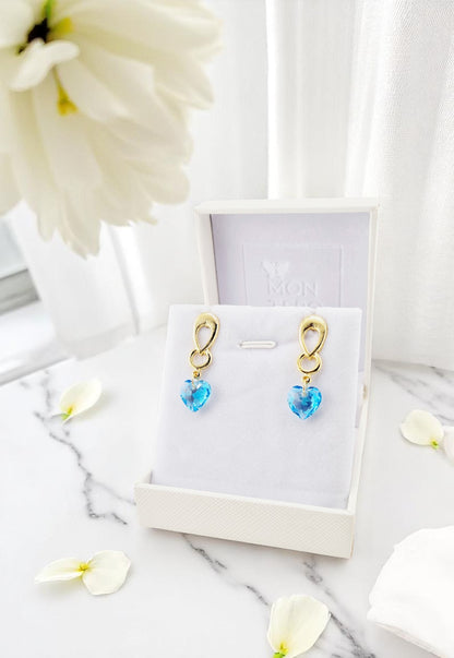 Aros Amor Gold 24K Cristal Genuino Aquamarine Shimmer
