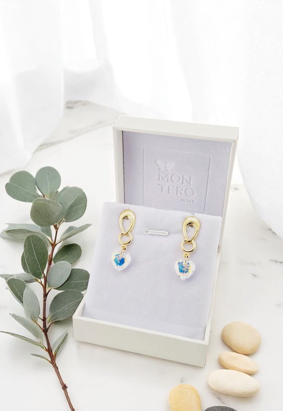Aros Amor Gold 24K Cristal Genuino Aurora Boreal