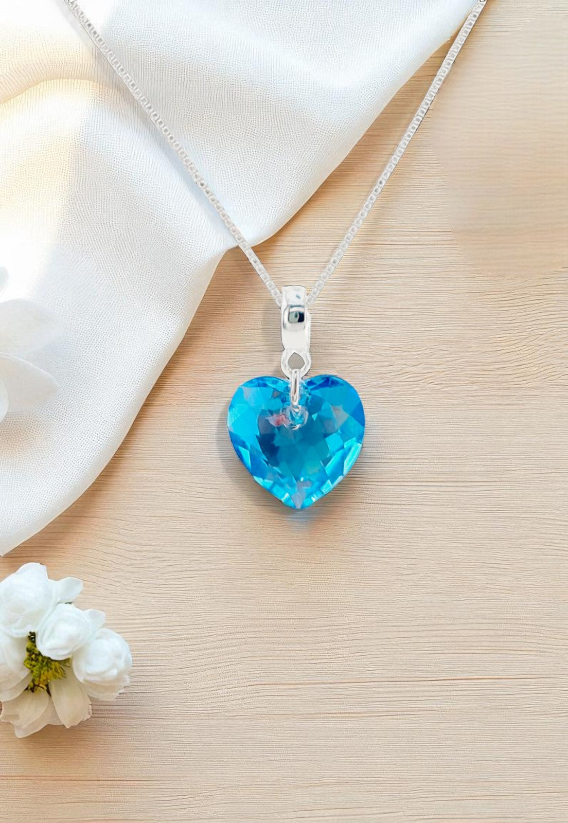 Collar Amor Baño Oro Blanco Cristal Genuino Aquamarine