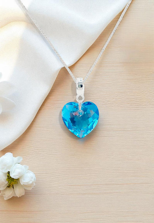 Collar Amor Baño Oro Blanco Cristal Genuino Aquamarine