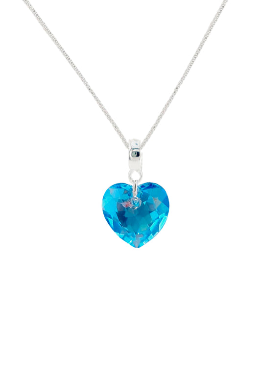 Collar Amor Baño Oro Blanco Cristal Genuino Aquamarine
