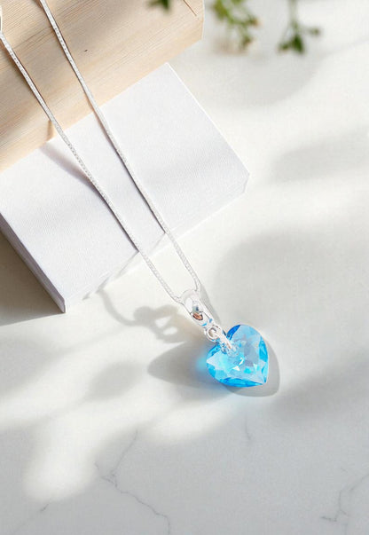 Collar Amor Baño Oro Blanco Cristal Genuino Aquamarine