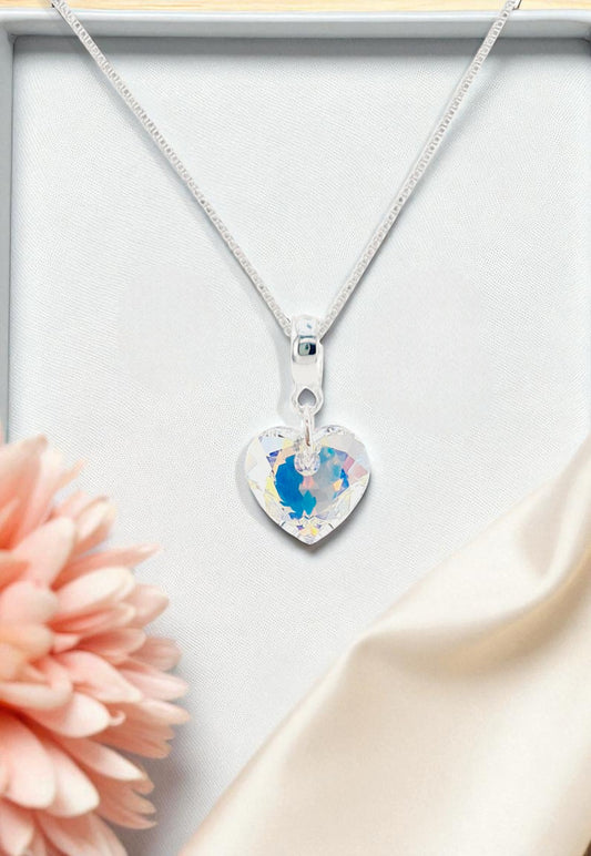 Collar Amor Baño Oro Blanco Cristal Genuino Aurora Boreal
