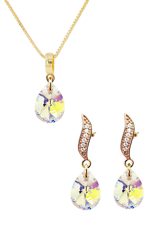 Conjunto Encanto Gold 24K Cristal Genuino Aurora Boreal