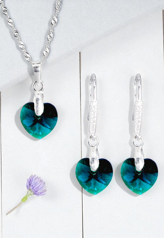 Aros + Collar Conjunto Romance Plata 925 Cristal Genuino Emerald