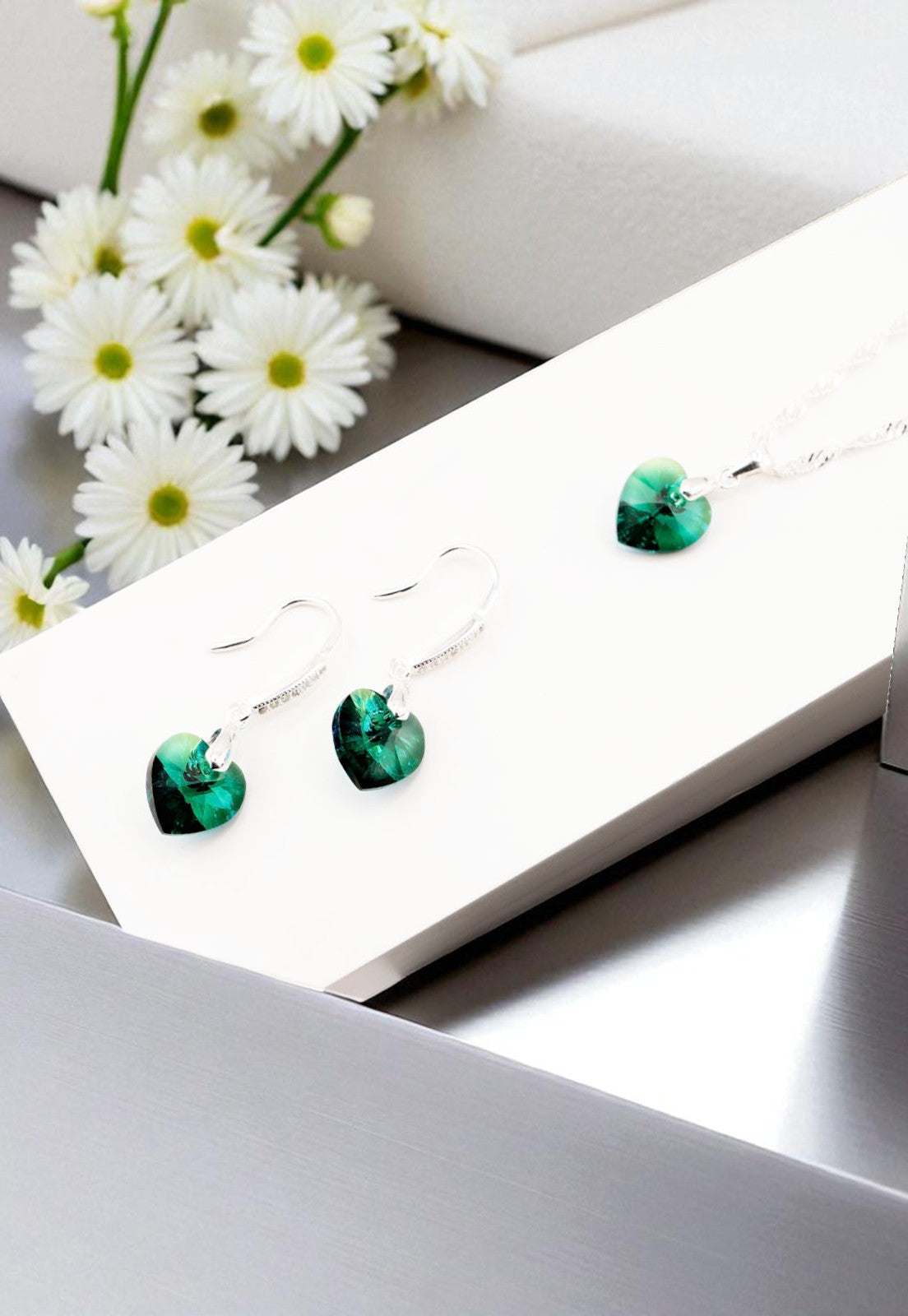 Aros + Collar Conjunto Romance Plata 925 Cristal Genuino Emerald