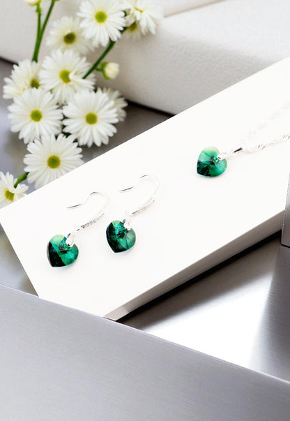 Aros + Collar Conjunto Romance Plata 925 Cristal Genuino Emerald