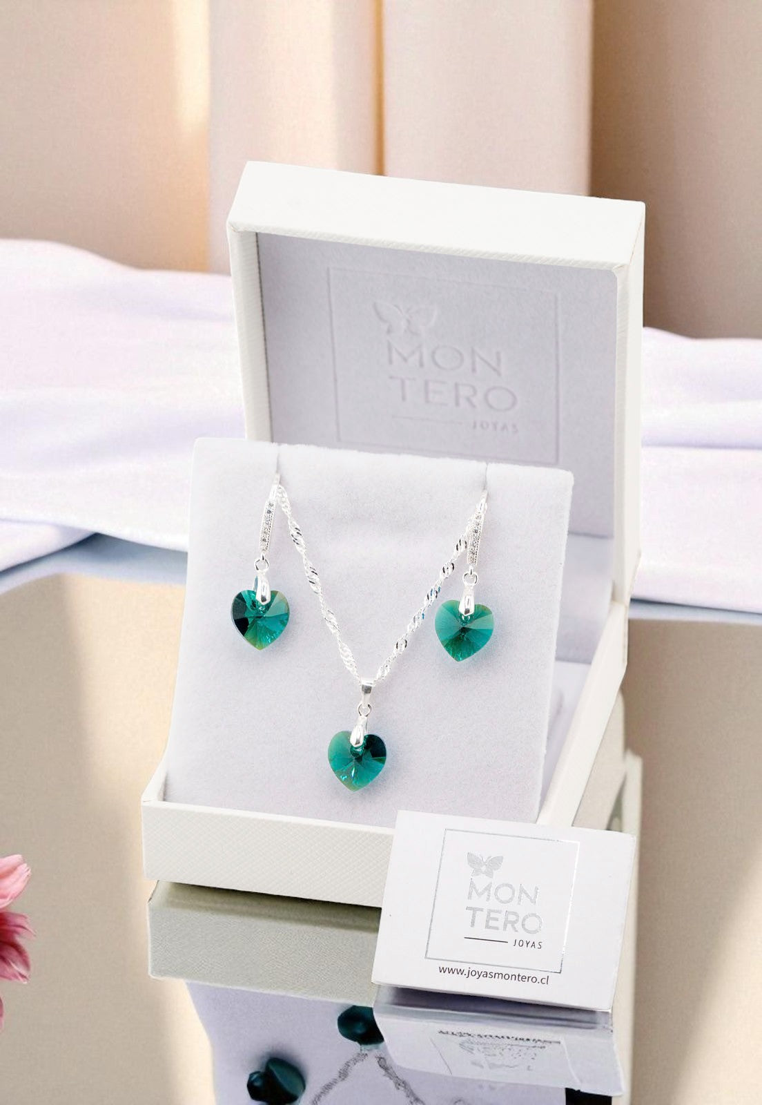 Aros + Collar Conjunto Romance Plata 925 Cristal Genuino Emerald