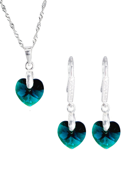 Aros + Collar Conjunto Romance Plata 925 Cristal Genuino Emerald
