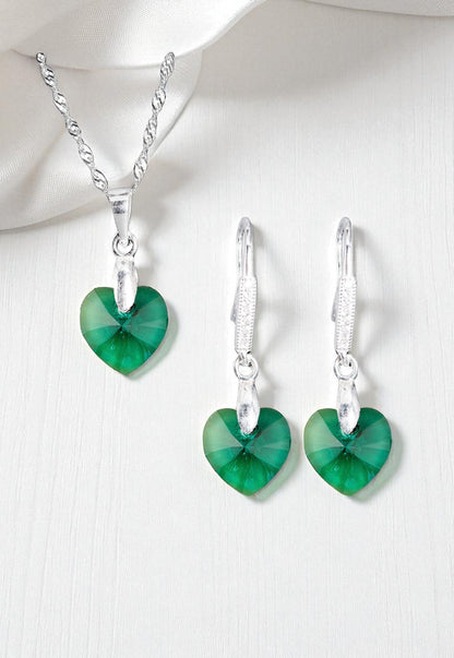 Aros + Collar Conjunto Romance Plata 925 Cristal Genuino Emerald