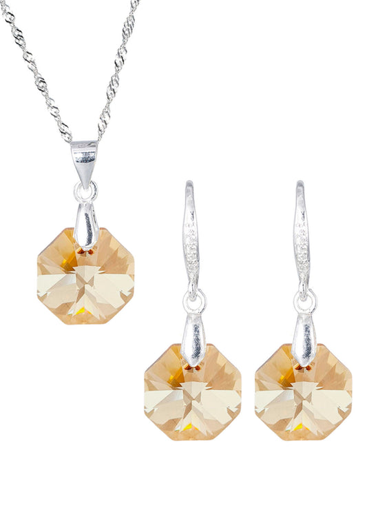 Aros + Collar Conjunto Bruselas Plata 925 Cristal Genuino Golden