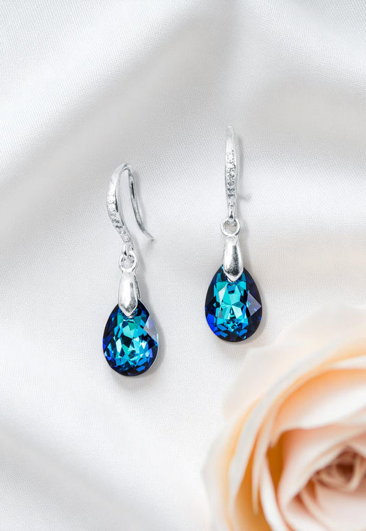 Aros Gota de Luz Plata 925 Cristal Genuino Bermuda Blue