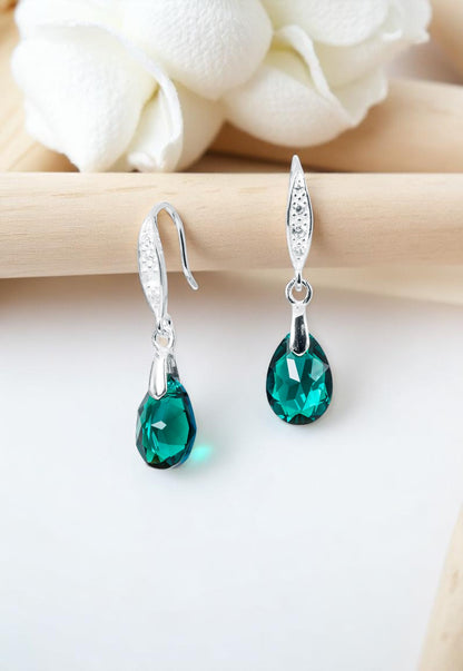 Aros Gota De Luz Plata 925 Cristal Genuino Emerald Shimmer