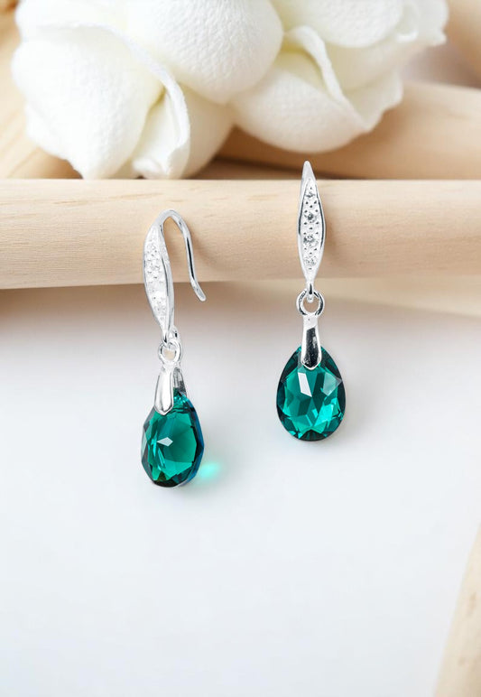 Aros Gota De Luz Plata 925 Cristal Genuino Emerald Shimmer