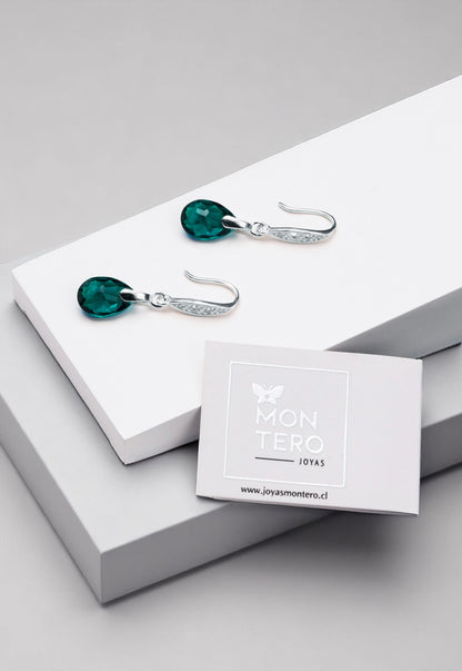 Aros Gota De Luz Plata 925 Cristal Genuino Emerald Shimmer