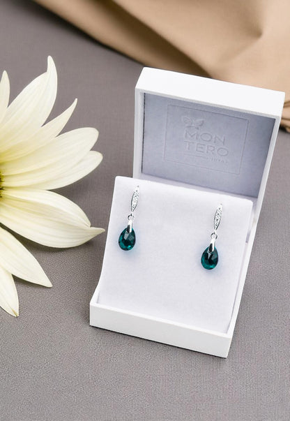 Aros Gota De Luz Plata 925 Cristal Genuino Emerald Shimmer