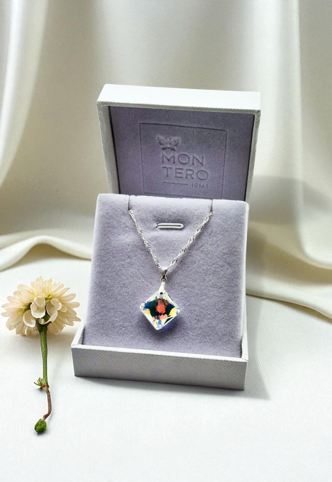 Collar Cristina Plata Italiana 925 Cristal Genuino Aurora Boreal