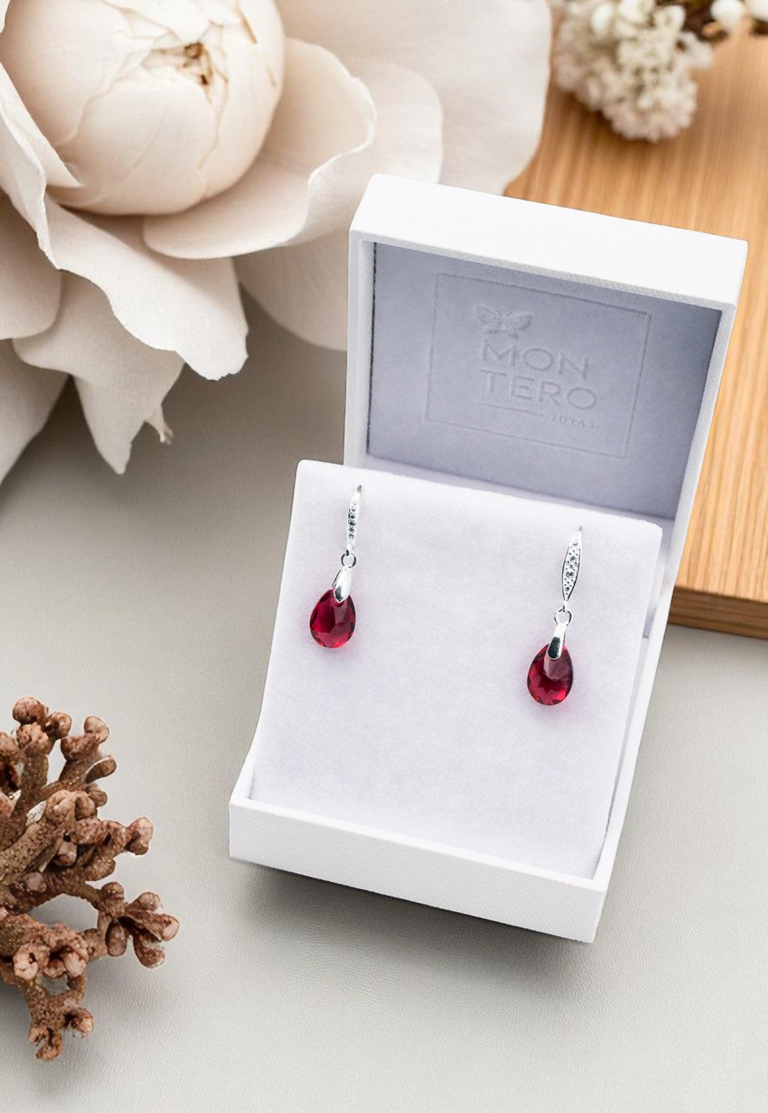 Aros Gota De Luz Plata 925 Cristal Genuino Scarlet